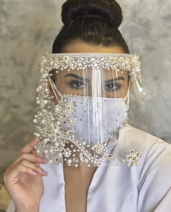 rhinestone face mask and face shield by Victor Gonzales